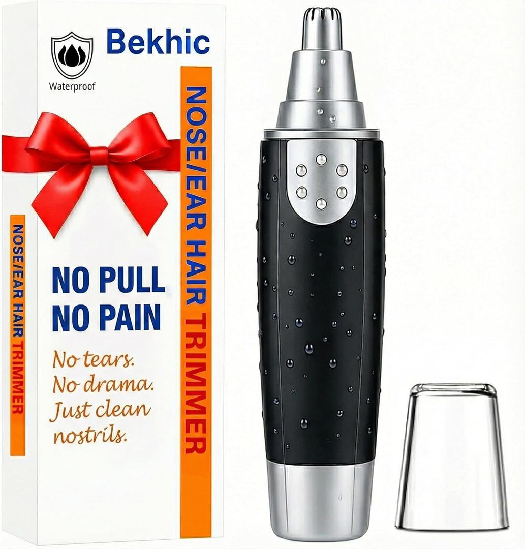 Bekhic Ear and Nose Hair Trimmer Clipper - 2025 Professional Painless Eyebrow & Facial Hair Trimmer for Men Women, Battery Operated Facial & Eyebrow Hair Remover, Dual-Edge Blades, Painless Grooming (Silver/Black)