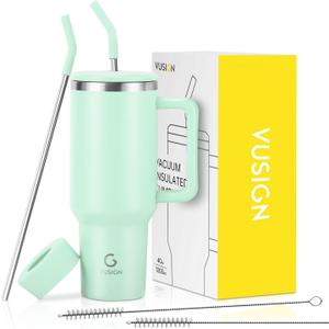 VUSIGN 40 oz Tumbler with Handle and Straw Lid, Stainless Steel Vacuum Insulated Tumbler Travel Mug Water Bottle Cup for Water Iced Tea Coffee Smoothie Car, Light Green