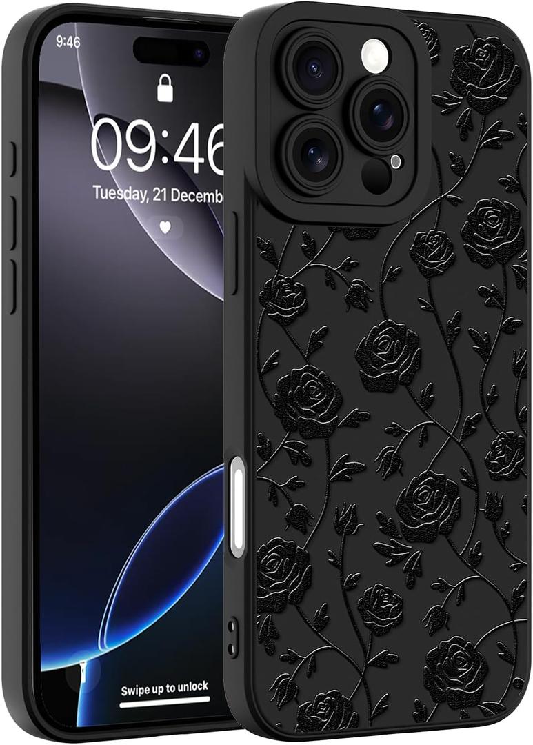 Designed for iPhone 16 Pro Max Case, Cute Rose Flower Floral Pattern Design, Slim Soft TPU Liquid Silicone Protective Cover for Women Girls - Black