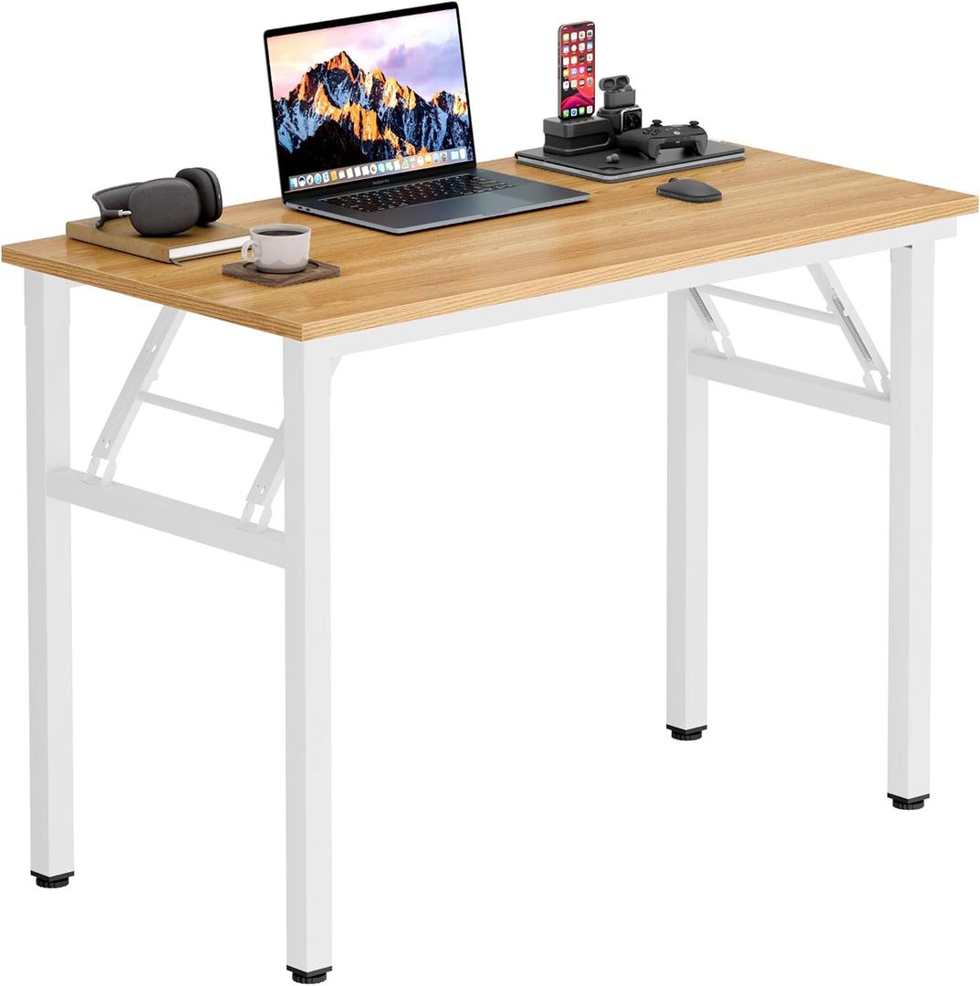 Need Office Computer Desk 35.8 Inch Sturdy Folding Laptop Table Teak | White Frame Writing Gaming Work Table/Foldable Home Office Desk/Sewing Table, No Assembly Required