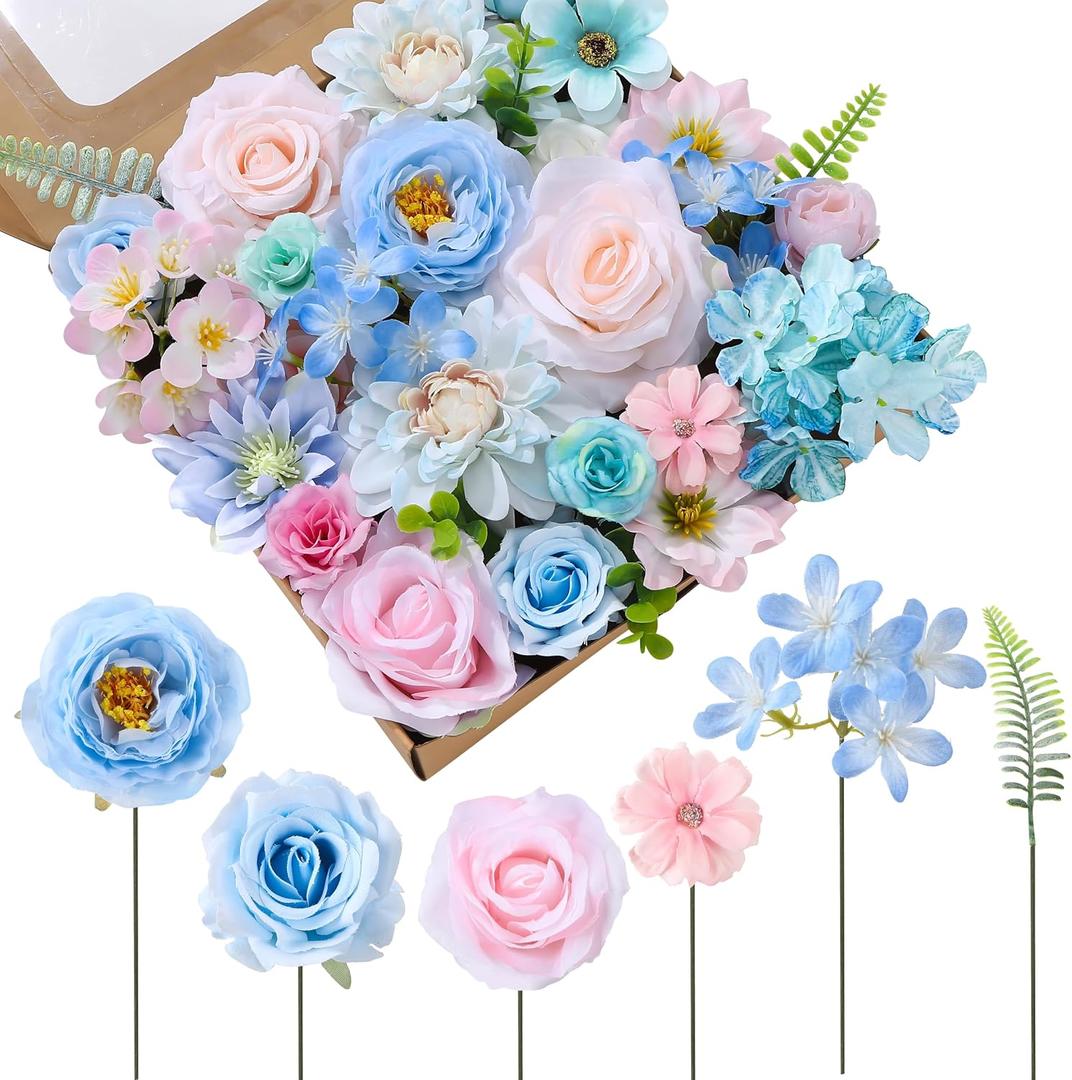 Jspupifip Blue, Pink, Green Artificial Flowers Combo Box Fake Silk Roses with Stems Hydrangea Peony Arrangement for Bridal Shower Boho DIY Wedding Cake White Flowers Table Decorations