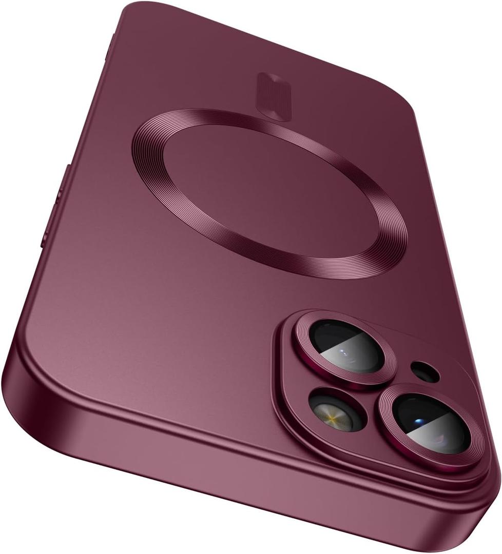 LEKEVO Magnetic for iPhone 14 Case [Compatible with MagSafe][Built-in Camera Lens Protector] Slim Soft Silicone Bumper Shockproof Metallic Luster Phone Case (Burgundy)