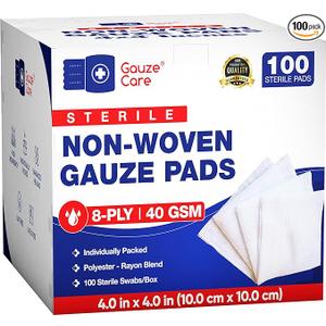 Gauze Care Non-Woven Sterile Gauze Pads 4x4, Pack of 100, 8-Ply, Soft, Lint-Free, Individually Wrapped, Sterile, Absorbent, Breathable, Perfect for Wound Care