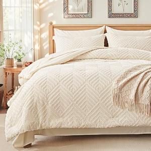 Zzlpp King Comforter Set 7 Pieces, Cream Tufted Bed in a Bag with Comforter and Sheets, All Season Boho Bedding Sets with 1 Comforter, 2 Pillow Shams, 2 Pillowcases, 1 Flat Sheet, 1 Fitted Sheet Cream