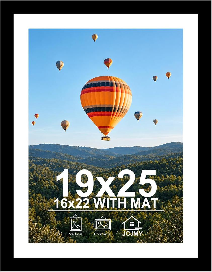 JCJMY 19x25 Picture Frame with 16x22 Mat, Display Photo 16x22 with Mat or 19 x 25 Without Mat, Wall Hanging Large 19 by 25 Poster Frame with Plexiglass, Black