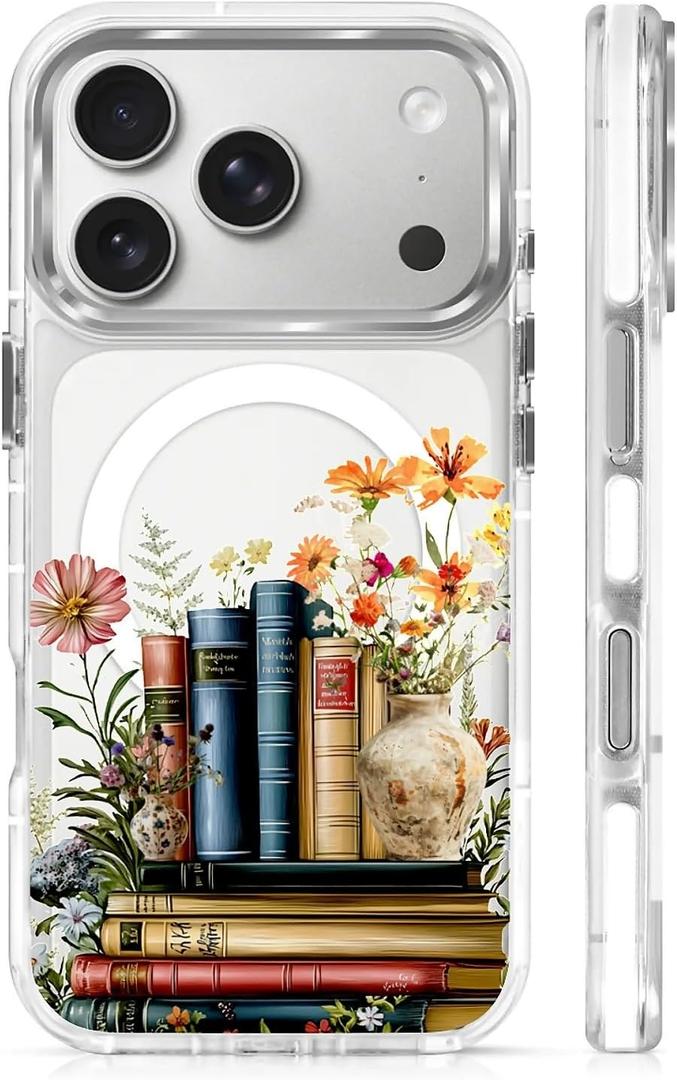 Magnetic Case for iPhone 17 Pro Design On Clear Base, Compatible with MagSafe Slim Protective Soft TPU Bumper Phone Cover Women Girls Case for iPhone 17 Pro Clear Book Lover Flower