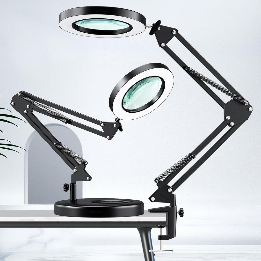 HITTI 10X Magnifying Glass with Light, 1,800 Lumens Stepless Dimmable, 3 Color Modes, 4.2 Real Glass Lens LED Magnifying Desk Lamp & Clamp, Magnifier Light and Stand for Crafts Welding Close Work (Black)