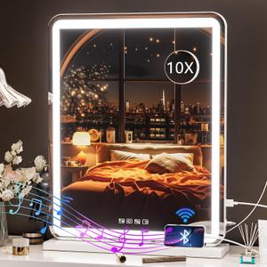 Hasipu Vanity Mirror with Lights and Bluetooth Speaker, 20" x 25" LED Makeup Mirror, Light up Mirror with 10X Magnification and USB Charging Port, Smart Touch 3 Colors Dimmable (White)