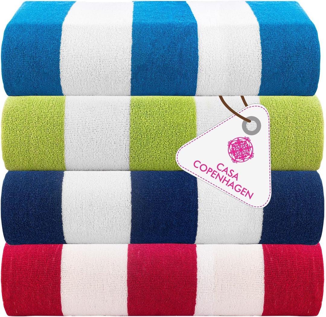 Casa Copenhagen Cabana Towel 4Pcs Blue,Pink,Green,Teal Designer Stripe Beach Towels Gift Set, 30"x60" Oversized 100%Cotton Pool Bath Towel for Beach Gift Set (Perfect Summer Gift Set For Women & Men)