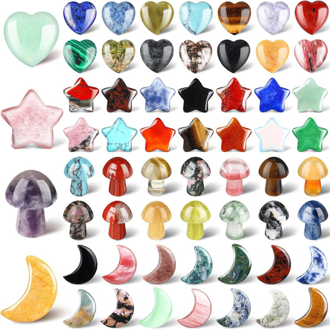 Nuenen 60 Pieces Crystal Mushroom Sculpture Heart Shaped Moon Star Crystals Stones Bulks Worry Stones Assorted Hand Making Palm Thumb Gemstones for Witchcraft Meditation Reiki(Simple,20 * 20 * 6 mm)