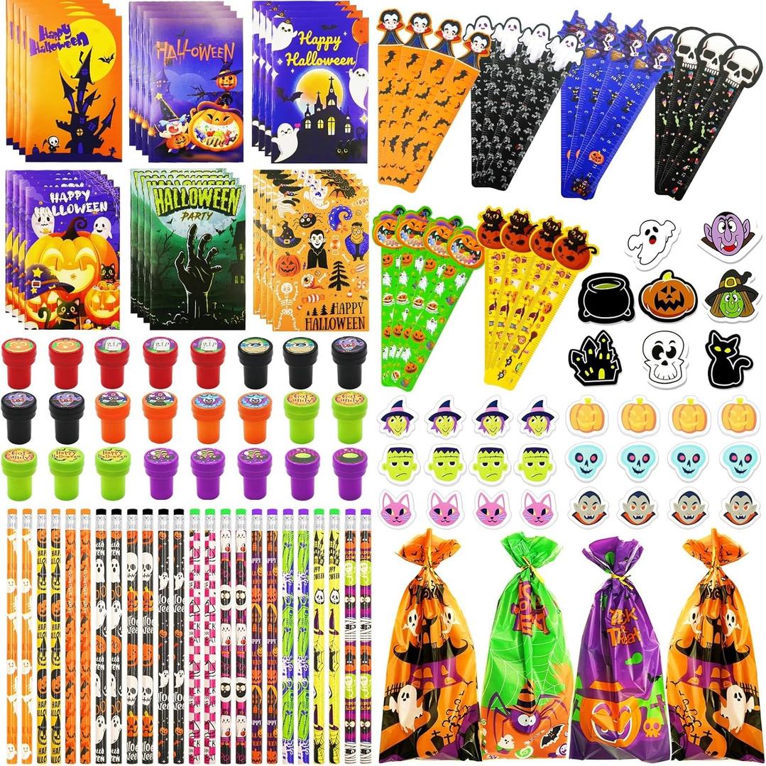 168 PCS Halloween Party Favors for kids 24 Pack Assorted Halloween Stationery Set Trick or Treat Gifts for Party Classroom School Supplies Prizes Rewards Halloween Goodie Bag Stuffers