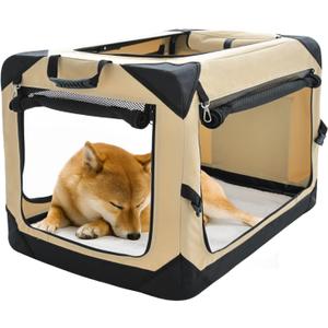 Pettycare 30 Inch Collapsible Dog Crate for Medium Dogs, 4-Door Foldable Soft Dog Kennel with Chew Proof Mesh Windows, Indoor & Outdoor Travel Dog Crate, Beige