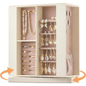 Jewelry Box Organizer for Women: 360 Rotating Vertical Storage Case, Ivory Leather with Pink Velvet, Ring Necklace Bracelet Holder, Gift Decor, 10 x 8.7 x 3.9 in (White)