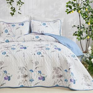 WONGS BEDDING Blue Floral Quilt Set King Size, 3 Pieces Botanical Plants Pattern Bedspread Coverlet Set with 2 Pillowcases, Soft Lightweight Microfiber Bedding Set for All Season(104"90")