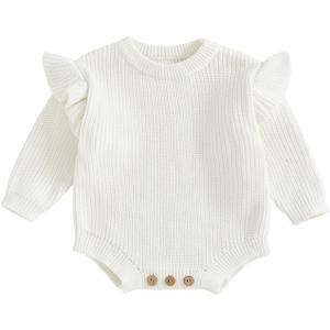 LZUBCPY Baby Girl Sweater Bubble Romper Ruffle Long Sleeve Chunky Knit Solid Bodysuit Cute Newborn Infant Fall Winter Clothes (White)