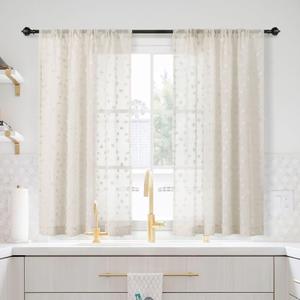 MYSKY HOME Beige Sheer Short Curtains for Kitchen 54 inch Long with Pom Pom Small Windows Bedroom Nursery Kids Girls Room Curtains Cafe Light Filtering Boho Drapes, Rod Pocket,52" Wide, 2 Panels