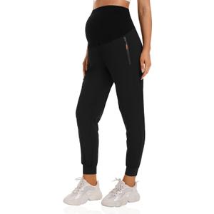 Foucome Women's Maternity Joggers Quick Dry Zipper Pockets Scrub Pants Pregnancy Sweatpants (Large, Black)