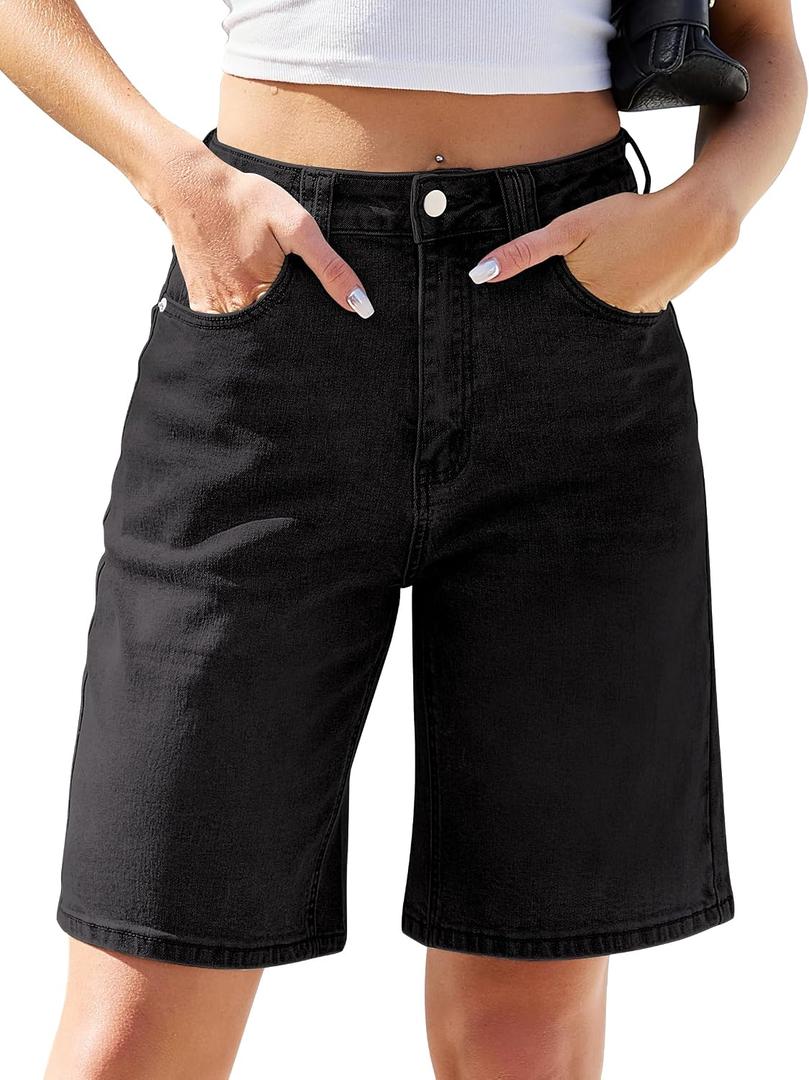 Eddoyee Women Bermuda Jeans Shorts, High Waisted Stretchy Jorts Baggy Knee Length Denim Shorts (Black, XL)