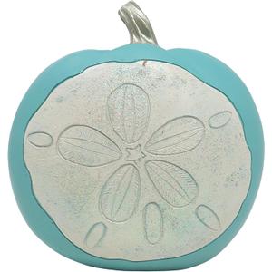 White and Turqoise Coastal Pumpkin Home Decor, Fall Beach Wedding Decoration with Cute Faux Sand Dollar Seashell, 6.75 x 3.25 x 7 inch