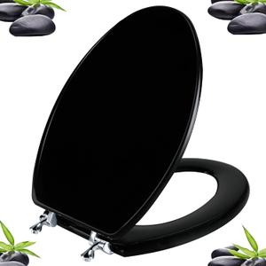 Black Elongated Toilet Seat Natural Wood Toilet Seat with Zinc Alloy Hinges, Easy to Install also Easy to Clean, Scratch Resistant Toilet Seat by Angol Shiold (Elongated, Black) (Elongated, Black)