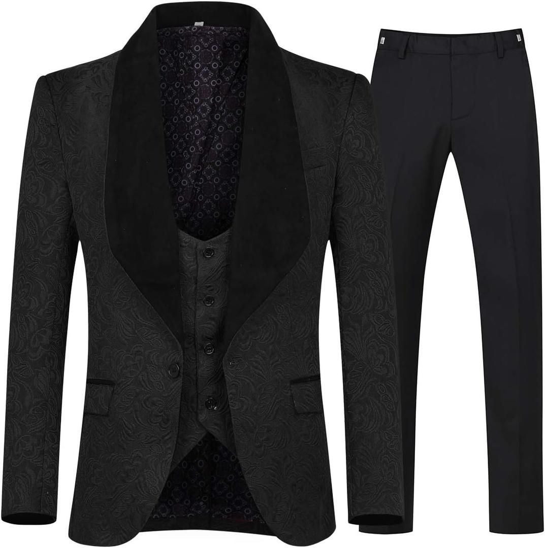 YFFUSHI Men's 3 Piece Suit Slim Fit Jacquard Tuxedo 1 Button Shawl Collar Blazer Vest & Pants for Wedding Formal Prom (XX-Large, Black)