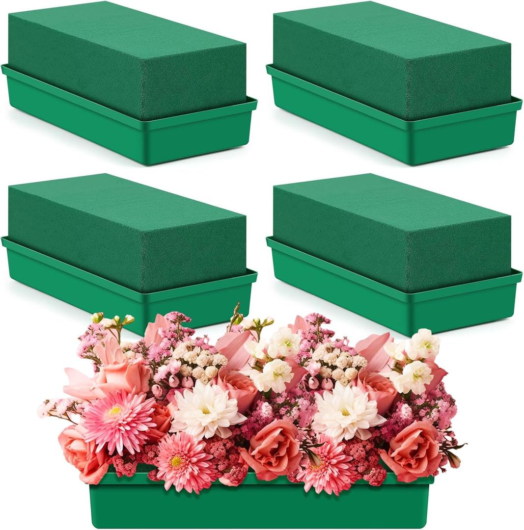 4 Pack Large Size Floral Foam with Bowl 9.65" l x 4.65" W x 3" H Rectangle Wet Floral Foam Cage Blocks Flower Arrangements Supplies for Table Party Festival Flower Decor