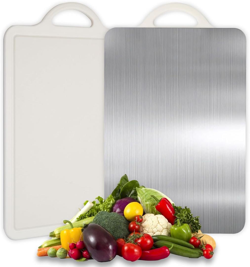 15.2X10.5 In Stainless Steel Cutting Board, Double Sided Steel Cutting Board for kitchen Pack of 1, Stainless Steel/Wheat straw pp Large Cutting Board for meat, Dishwasher Safe (White)