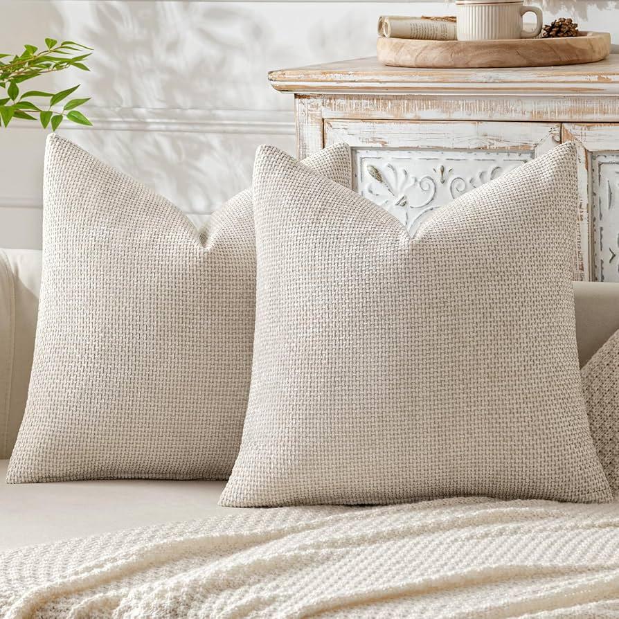 Pack of 2 Beige Decorative Pillow Covers 18x18 Inch Soft Chenille Couch Throw Pillows Farmhouse Natural Cushion Covers for Home Decor Sofa Bedroom Living Room 