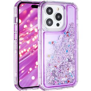 Tikoo Designed for iPhone 14 Pro Case Glitter for Women Girl Clear 3-in-1 Heavy Duty Protective Phone Cover with Floating Liquid Quicksand Bling Sparkly Cute Case for iPhone 14 Pro (Purple)