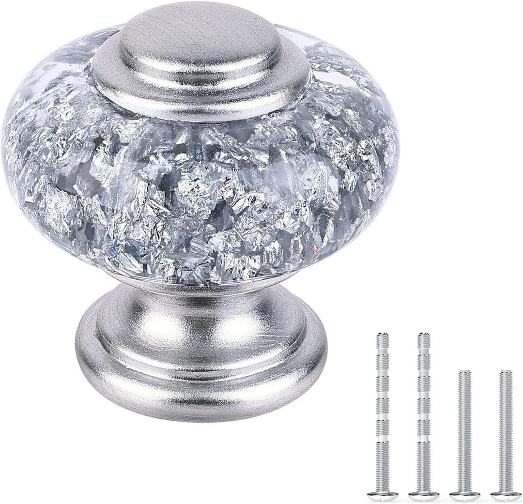 4 Pack Silver Dresser Knobs, 1-3/8 Inch(36mm) Decorative Crystal Cabinet Drawer Knobs, Vintage Round Silver Knobs and Pulls with Two Different Sizes Screws for Easy Installation