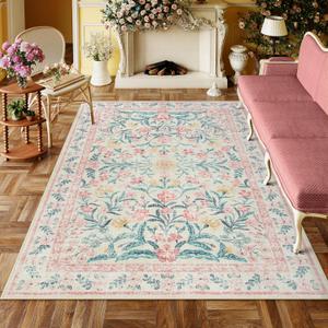Lahome Pink Washable Rugs for Bedroom Girls 6x9, Boho Floral Living Room Rugs Non-Slip, Soft Low-Pile Nursery Carpet for Dining Room Kids Room Dorm, Blush