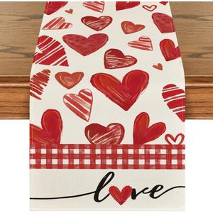 Artoid Mode Red Buffalo Plaid Love Heart Table Runner, Anniversary Kitchen Dining Table Decoration for Home Party Decor 13x120 Inch