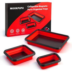 Collapsible Magnetic Parts Tray Set with Extra Strong Magnet Up to 18LB, 3 Different Size Silicone Foldable Tool for Organizing Screw Bolts Nuts Washers Pins and Other Small Metal Parts - Red