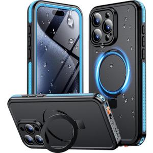 Magnetic for iPhone 15 Pro Max Case Waterproof, [Built-in Ring Invisible Stand & Screen Protector][IP68 Underwater][Dropproof][Dustproof][Real 360] Shockproof Protective Phone Case 6.7'' -Blue