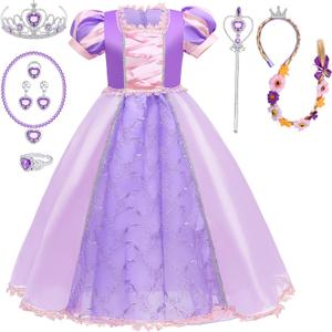 G.C Girls Princess Dress Costume with Wig Toddler Princess Dress Up Clothes Kids Crown Wand Halloween Cosplay Birthday Gifts (1305-6 Years)