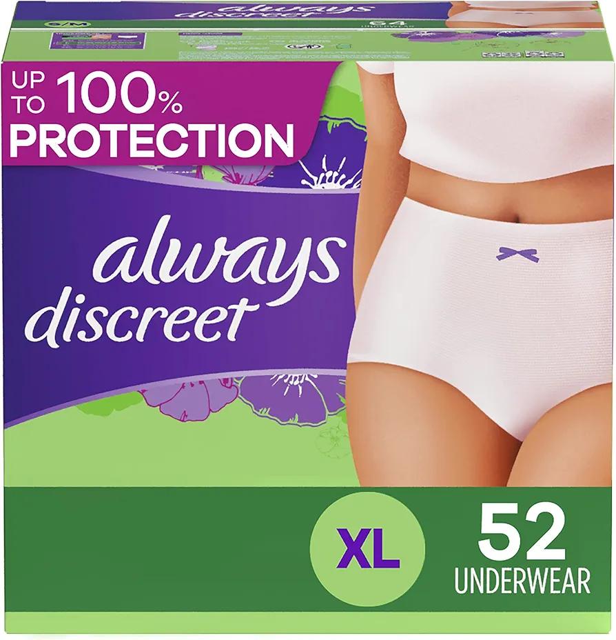 Always Discreet Incontinence & Postpartum Incontinence Underwear for Women, X-Large, 52 Count, Maximum Protection, Disposable (26 Count, Pack of 2 - 52 Count Total), Packaging May Vary