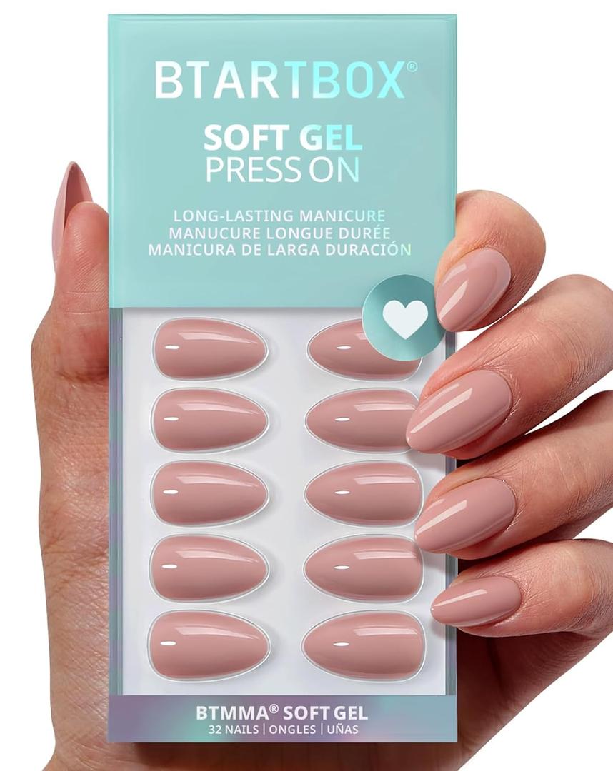 BTArtbox Press On Nails Almond - Flesh Pink Nude Short Fall Press On Nails with Glue for Women, Opaque Soft Gel Glue On Nails in 16 Sizes - 32 Stick On Nails Kit, Fawn Fleek