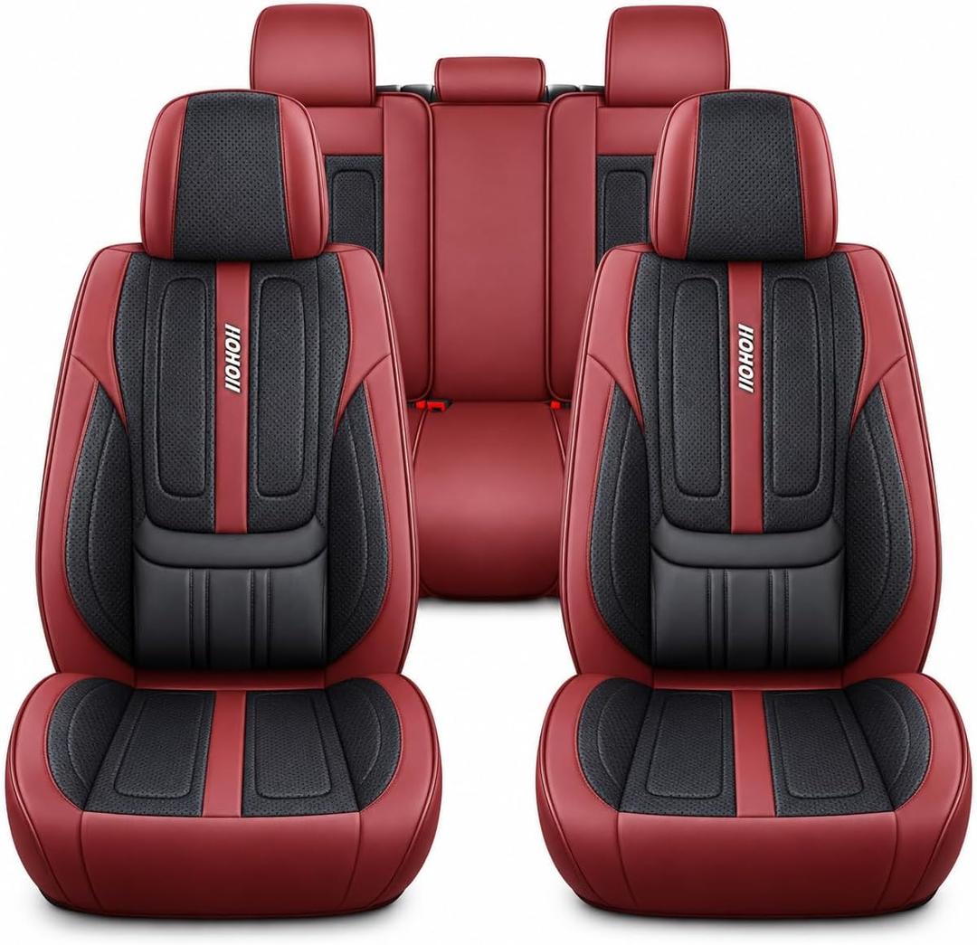 PU Leather Car Seat Covers, Universal Front 2 or Full 5 Seat Set, Waterproof Seat Protectors Easy Installation for Cars Trucks SUVs (Red, Full Set)