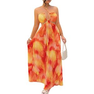 OYOANGLE Women's Tie Dye Sleeveless Criss Cross Halter Maxi Dress Pleated Backless Boho Beach Vacation Dress Large, Orange