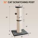 PAWSCRAT Cat Scratching Post 32" Tall, 5-Inch Diameter Natural Sisal Cat Scratch Post with Dangling Ball, Scratch-Resistant and Durable Tall Cat Scratcher for Indoor Cats, Protect Your Furniture, Grey