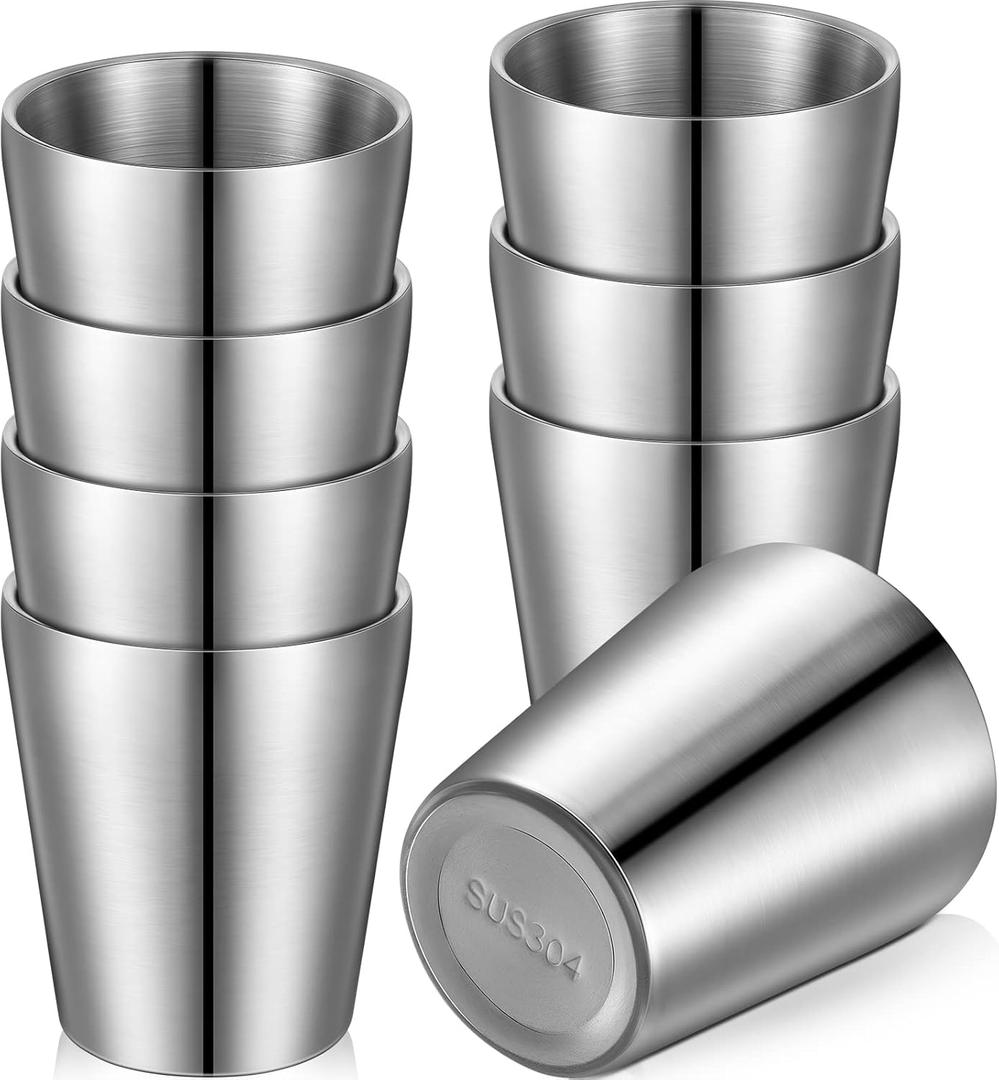 8 Pack Stainless Steel Insulated Cup 10 oz Metal Tumbler Double Wall Vacuum Water Glasses Camping Reusable Mugs Bbq Home Office Party Coffee (Silver)