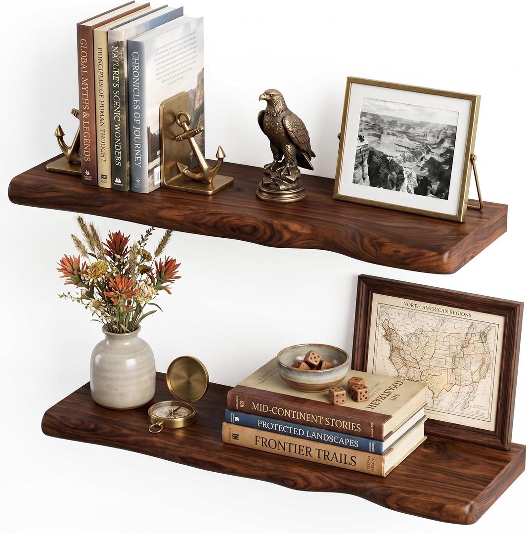 Walnut Finish Floating Shelves,Hidden Brackets,2-Pack,24 Inches Each