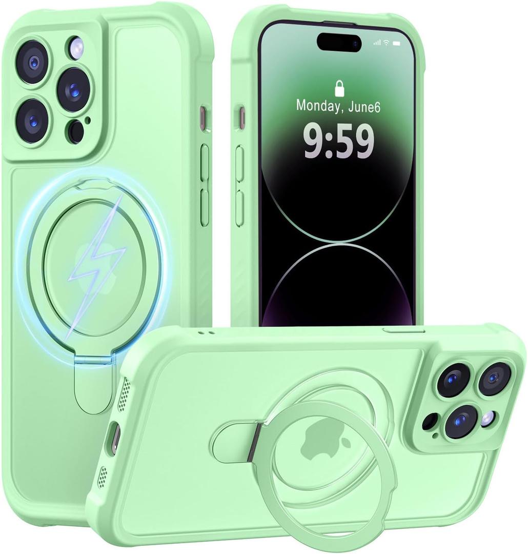 MOCCA Design for iPhone 14 Pro Case with Magnetic Invisible Stand [Full Camera Protection] [Compatible with Magsafe] Military Drop Shockproof Translucent Matte Phone Case Cover 6.1",Matcha Green