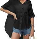Kumufenc Womens Swimsuit Cover Up Summer Bathing Suit Coverup Gauze Button Down Short Sleeve Shirts (Black, L)