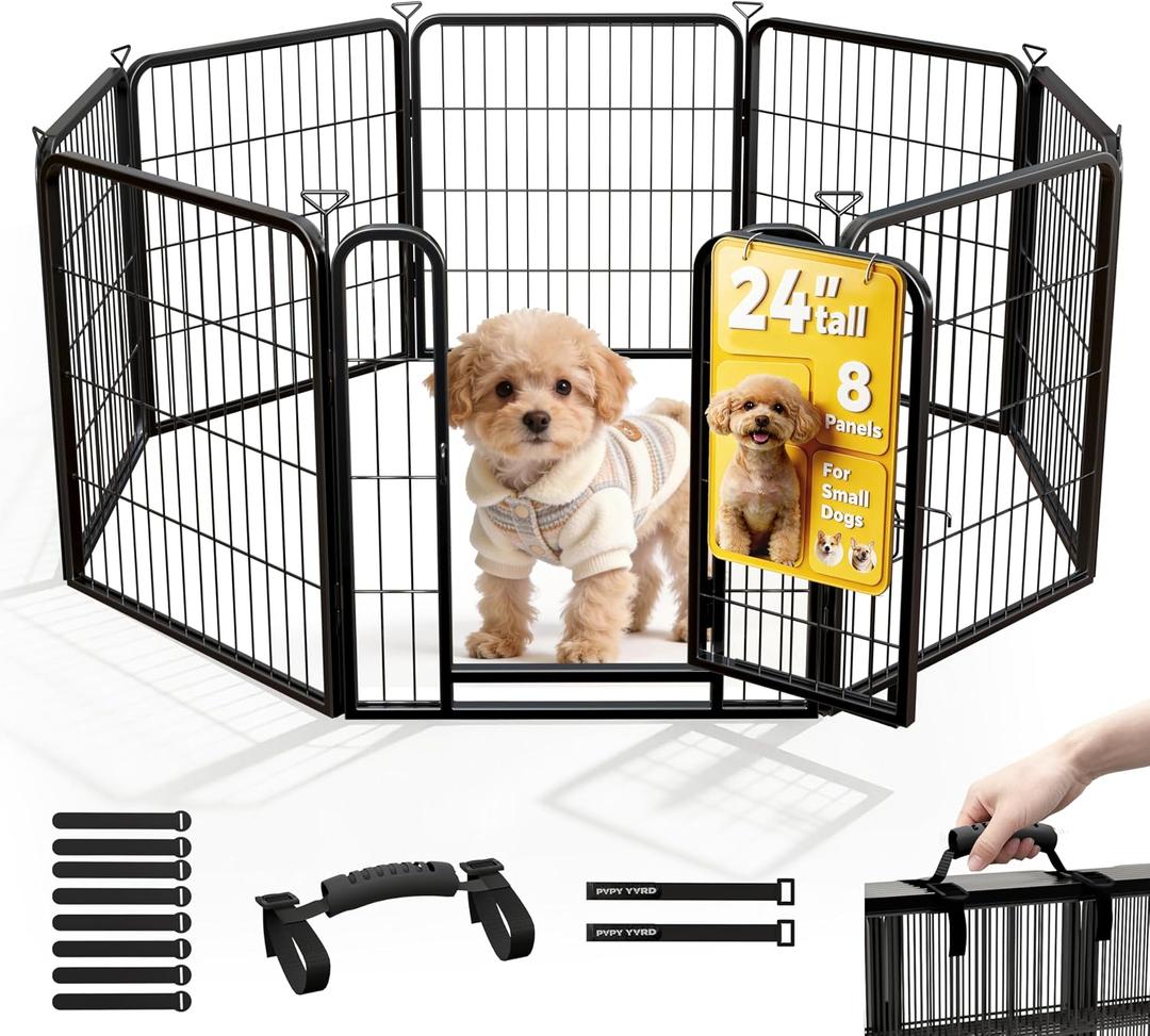 Dog Playpen for Indoor,Outdoor,Yard,RV Camping,24 in 8 Panels Dog Play Pen | Heavy Duty Metal Dog Gate,Anti-Rust Coating Dog Fence Exercise Pen for Puppy and Small Dogs