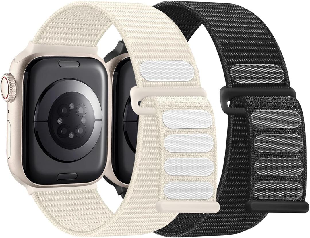 WJK 2 Pack Compatible with Apple Watch Bands for Women 42mm 41mm 38mm 40mm, Nylon Stretchy Strap for iWatch SE 2 Series 11 10 9 8 7 6 5 4 3 2 1 Bands for Women Men,Black Starlight