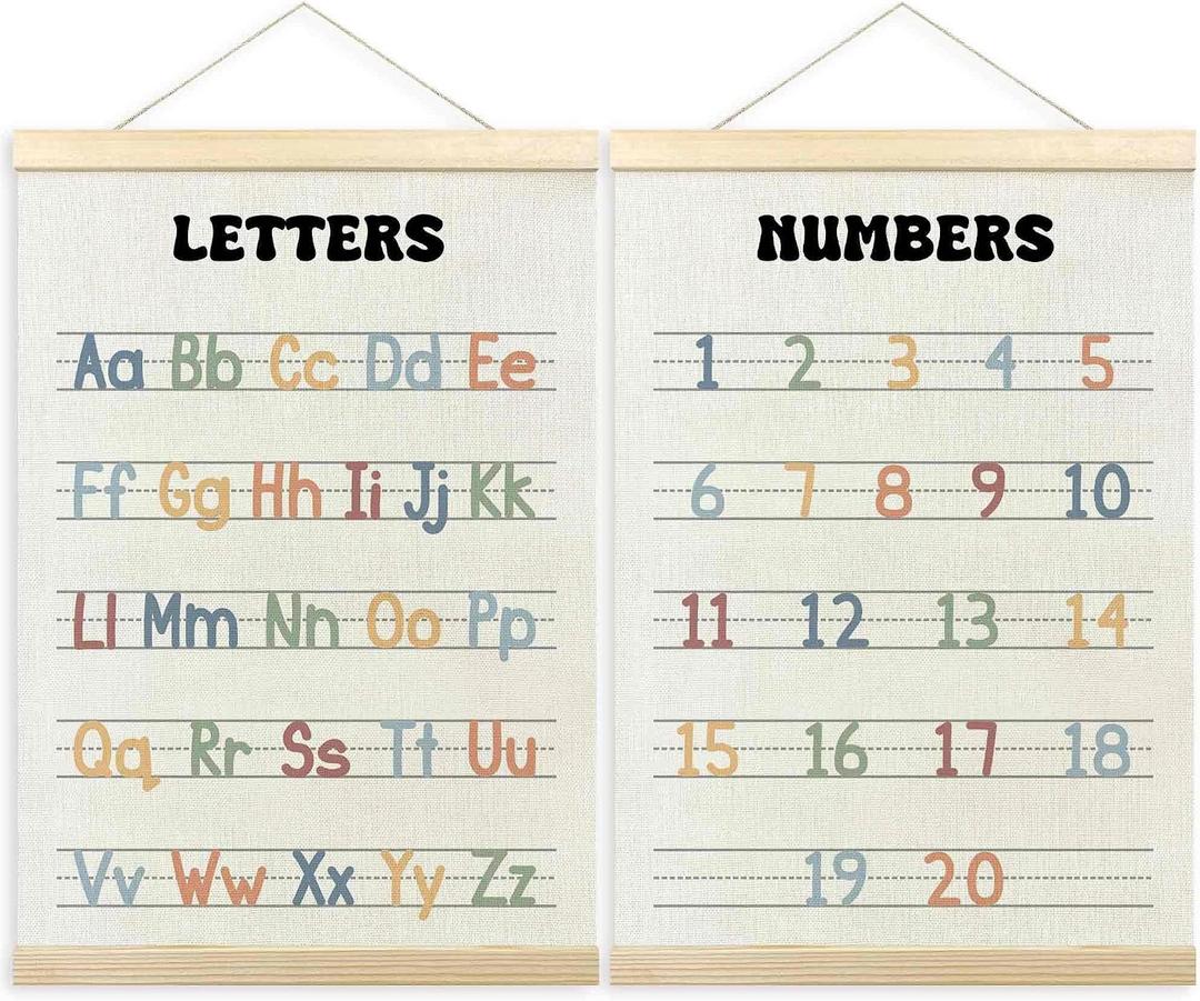 TLESKE Alphabet ABC Numbers Chart Poster Hanger Frame for Toddler Kid Classroom Set of 2, Homeschool Hanging Wall Art Decor for Nursery Playroom, Preschool Prek Learning Educational Poster, 12x16