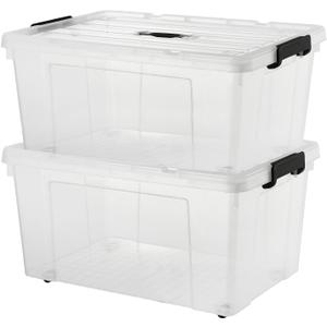 2 Packs 105 Quarts Heavy Duty Storage Bins with Lids Wheels, Plastic Storage Containers - Locking Lid, Stackable Clear Bins for Garage/Closet, Crush-Proof Design (2, 100L with Wheels)
