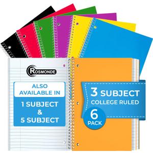 Rosmonde 3 Subject Notebook College Ruled, 6 Pack, 150 Sheets(300 Pages), No-Bleed Paper, 3 Hole Punched, 8x10-1/2, 3 Subject Spiral Notebook for School, Home & Office, Assorted Colors