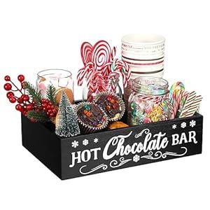 Geetery Christmas Hot Cocoa Bar Wood Station Organizer Countertop with 4 Compartment Cocoa Decorative Storage Bins Vintage Open Holder Box for Xmas Holiday Gift Party Home Supplies (Black)